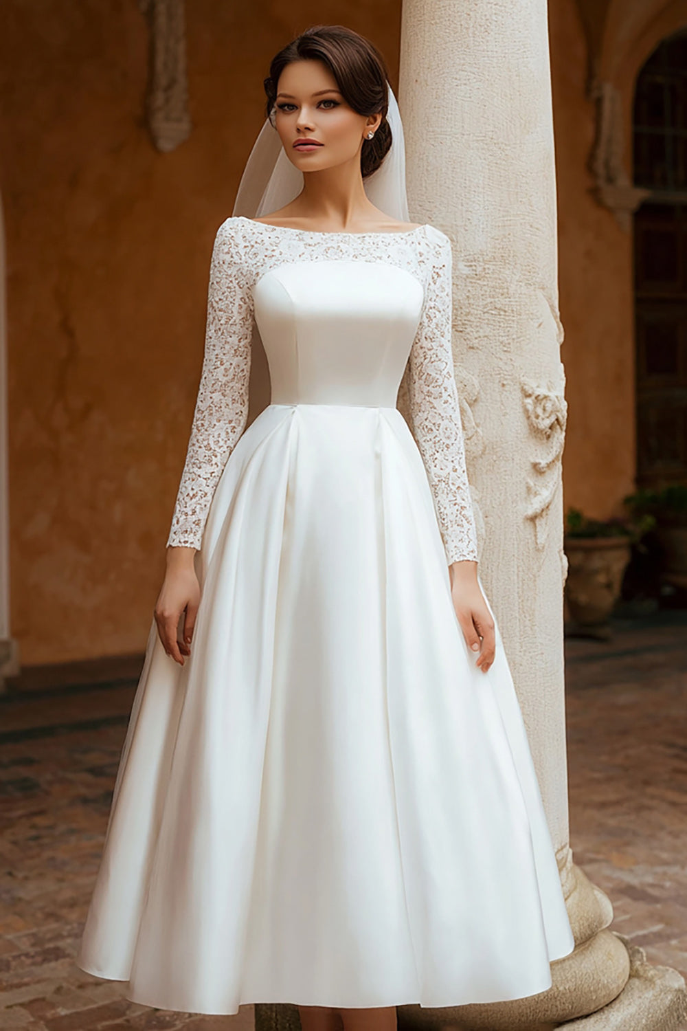 Ivory A-Line Long Sleeve Wedding Dress With Lace (Without Veil)