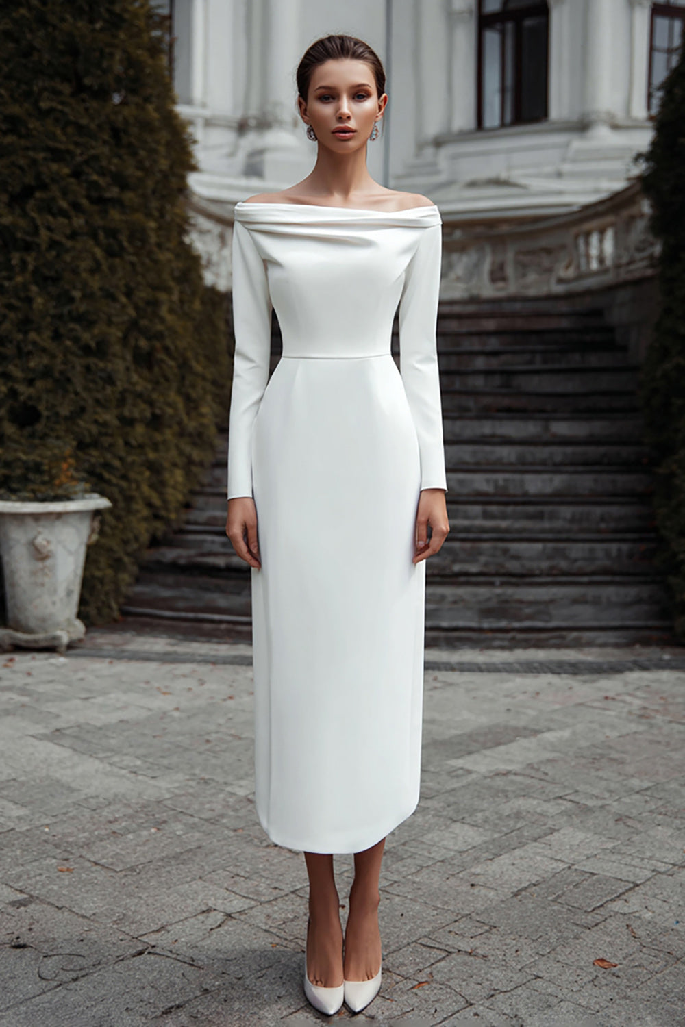 Off The Shoulder Sheath Long Sleeve Ivory Engagement Dress