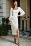 Ivory Satin Sheath Long Sleeve Engagement Dress With Slit