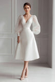 A-Line V-Neck Ivory Midi Engagement Dress With Lace