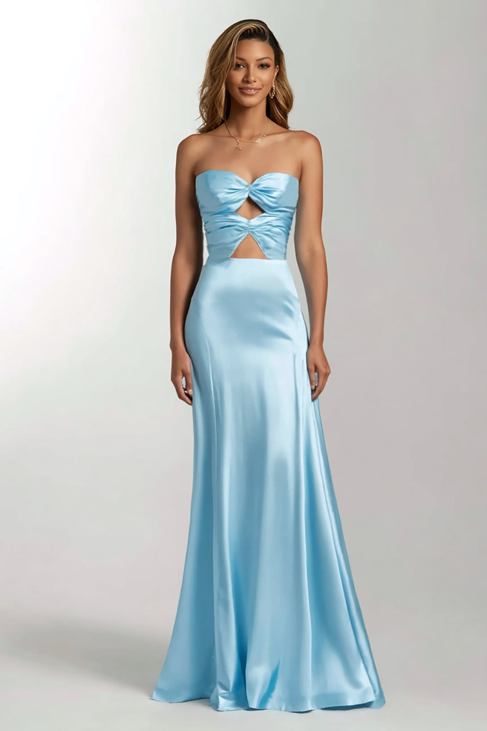 Sky Blue Strapless Cut Out Mermaid Satin Formal Dress