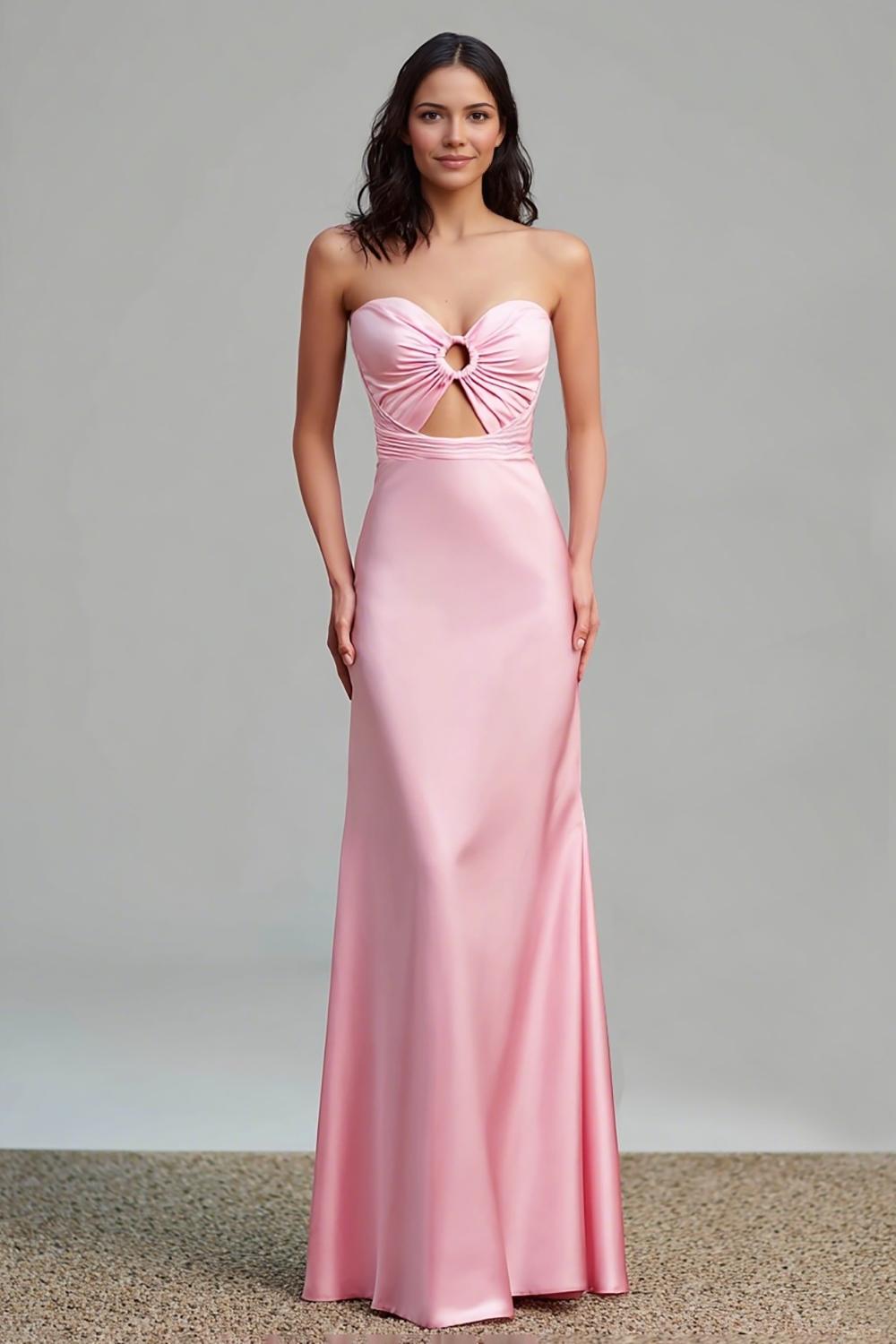 Pink Satin Strapless Cut Out Sheath Formal Dress