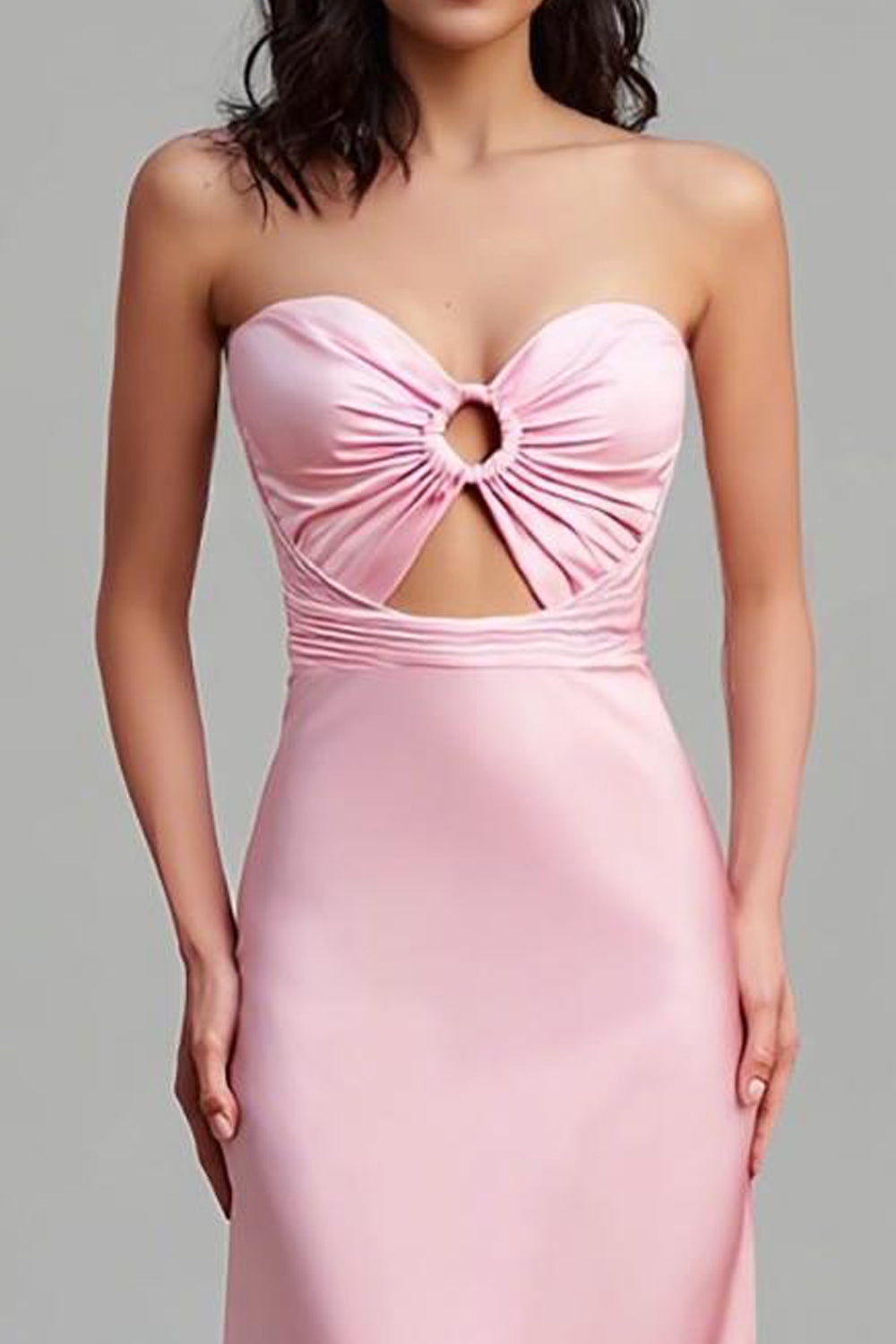 Pink Satin Strapless Cut Out Sheath Formal Dress