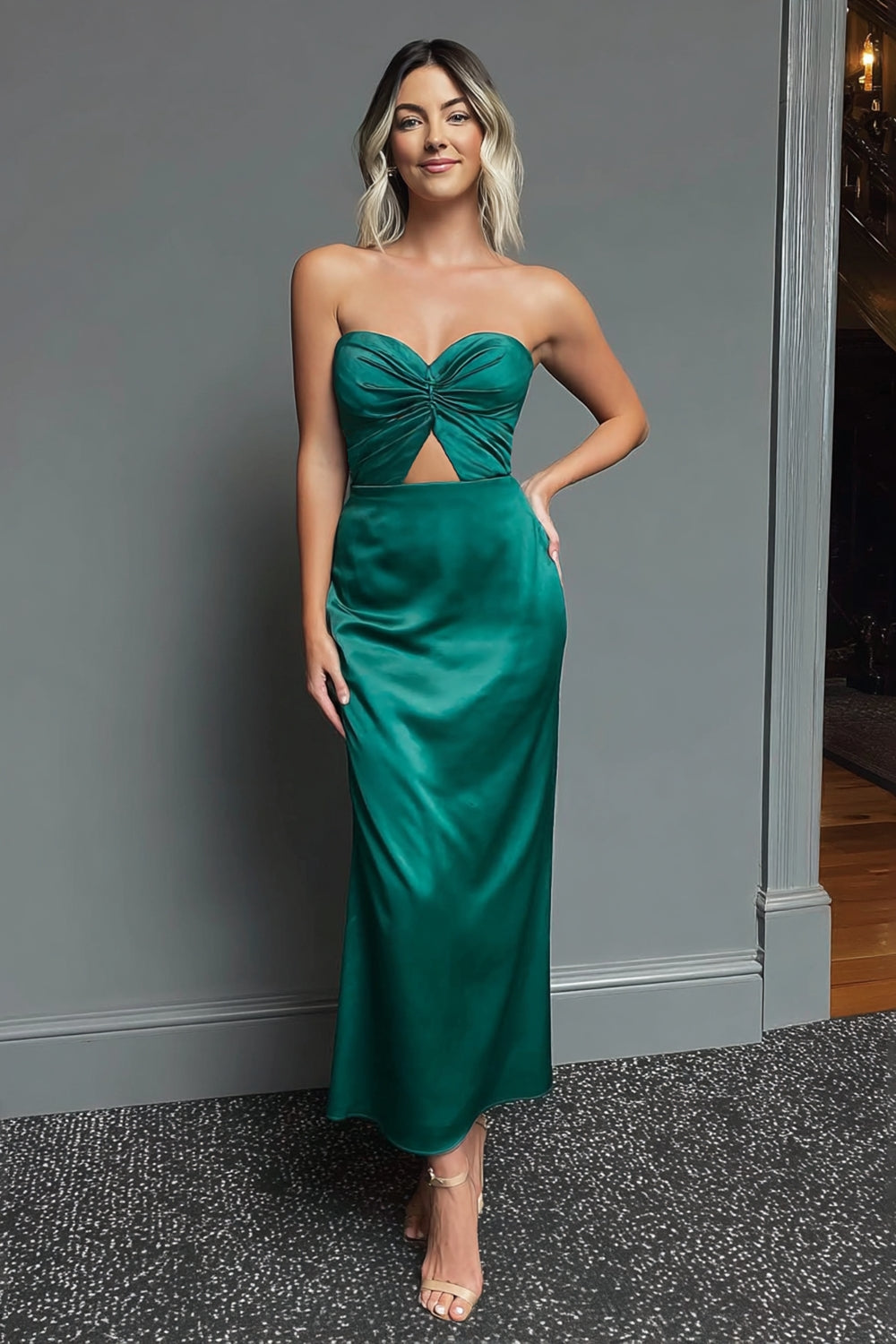 Dark Green Sheath Strapless Cut Out Ankle Length Formal Dress