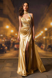 Halter Satin Gold Formal Dress With Slit