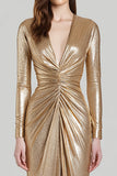 Ruched Long Sleeve V-Neck Sheath Gold Formal Dress With Slit
