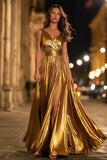 Gold A-Line V-Neck Pleated Formal Dress With Slit