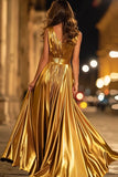 Gold A-Line V-Neck Pleated Formal Dress With Slit