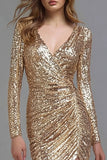 Sparkly Sheath Long Sleeve V-Neck Ruched Gold Formal Dress With Slit