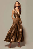 Pleated A-Line Gold Tea Length Formal Dress