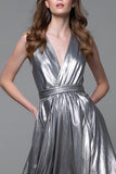 Silver A-Line V-Neck Long Formal Dress