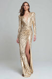 Sparkly Light Gold V-Neck Long Sleeve Sheath Formal Dress With Slit