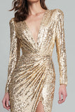 Sparkly Light Gold V-Neck Long Sleeve Sheath Formal Dress With Slit
