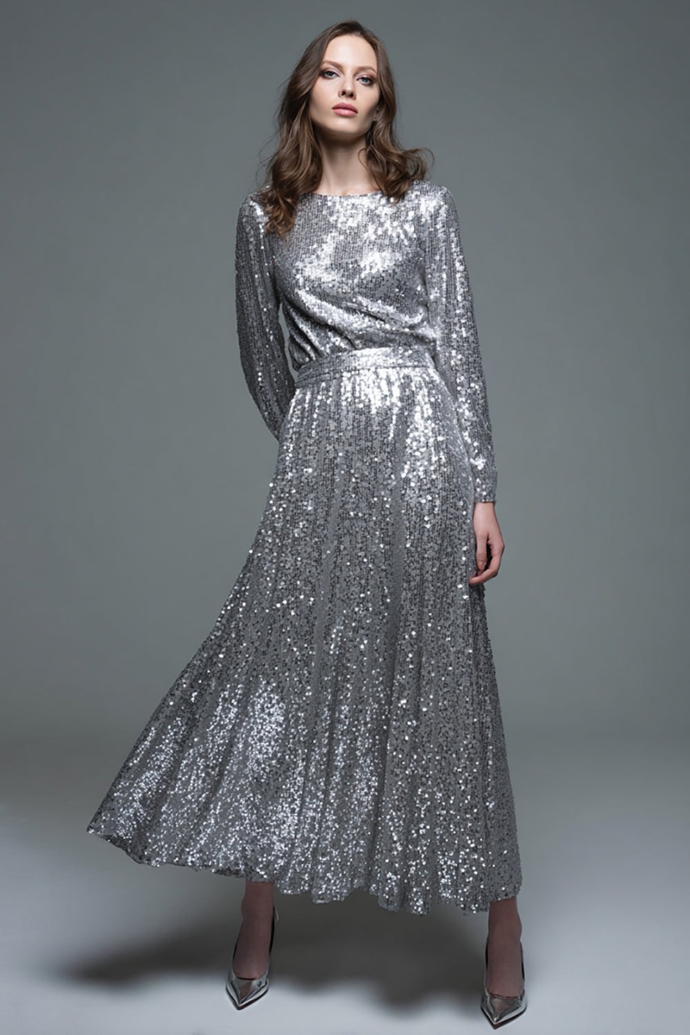 Silver A-Line Long Sleeve Formal Dress With Sequins