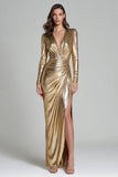 Sheath Gold V-Neck Long Sleeve Ruched Formal Dress With Slit