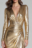 Sheath Gold V-Neck Long Sleeve Ruched Formal Dress With Slit