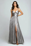 A-Line Silver Pleated Long Formal Dress With Slit