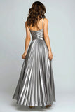 A-Line Silver Pleated Long Formal Dress With Slit