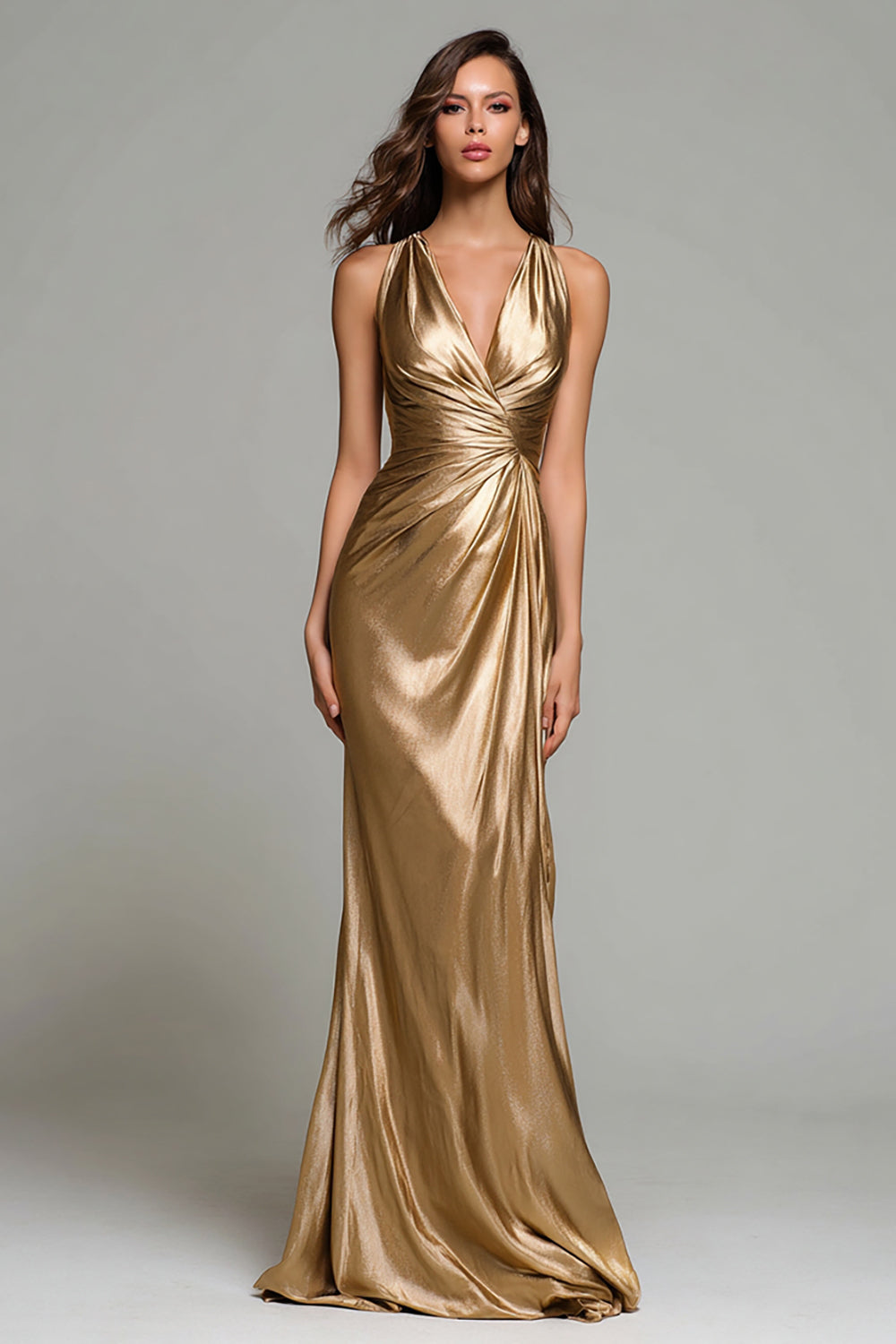 Gold V-Neck Sheath Long Formal Dress
