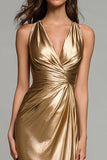 Gold V-Neck Sheath Long Formal Dress