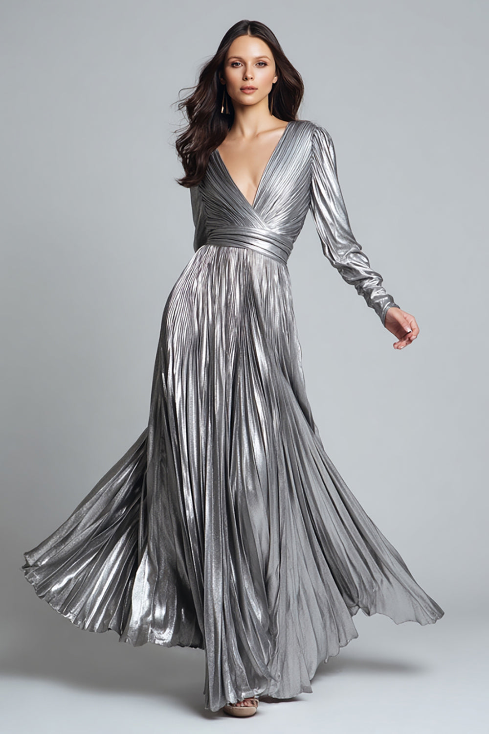 Pleated Silver A-Line V-Neck Formal Dress with Long Sleeves
