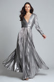 Pleated Silver A-Line V-Neck Formal Dress with Long Sleeves