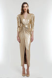 Sheath V-Neck Ruched Light Gold Formal Dress With Slit