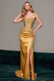 Strapless Corset Sheath Appliqued Gold Prom Dress With Slit