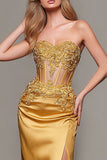 Strapless Corset Sheath Appliqued Gold Prom Dress With Slit