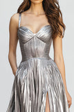 Silver A-Line Pleated Midi Formal Dress with Slit