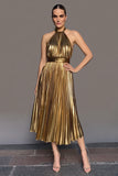 Halter Gold A-Line Pleated Midi Formal Dress