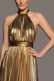 Halter Gold A-Line Pleated Midi Formal Dress