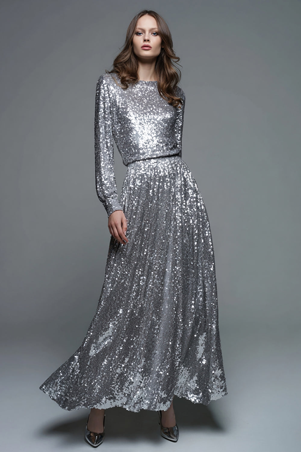 Long Sleeve A-Line Silver Formal Dress With Sequins