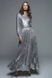 Long Sleeve A-Line Silver Formal Dress With Sequins