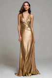 Gold Ruched Stain Sheath Long Formal Dress