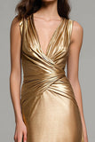 Gold Ruched Stain Sheath Long Formal Dress