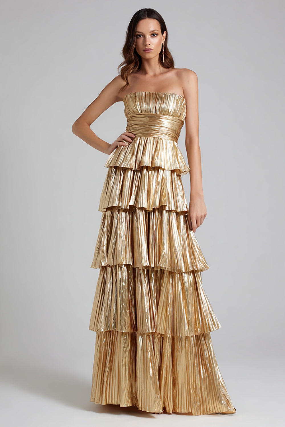Strapless A-Line Tiered Pleated Gold Prom Dress
