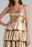 Strapless A-Line Tiered Pleated Gold Prom Dress