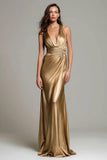 Gold Sheath Halter Ruched Stain Formal Dress