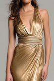 Gold Sheath Halter Ruched Stain Formal Dress