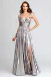 Silver A-Line Pleated Long Formal Dress With Slit