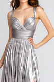 Silver A-Line Pleated Long Formal Dress With Slit
