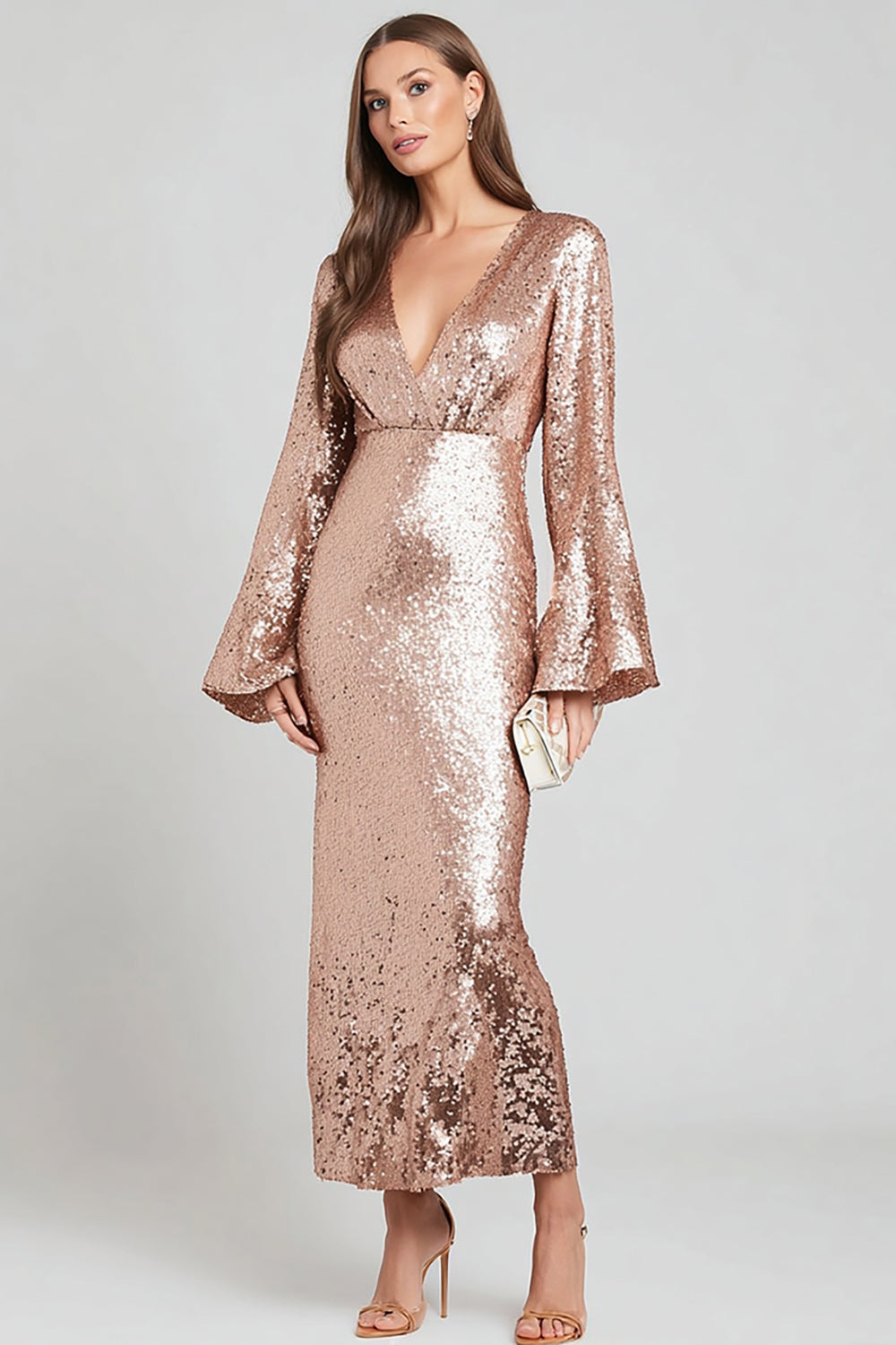 Sparkly Rose Gold V-Neck Sheath Formal Dress with Long Sleeves