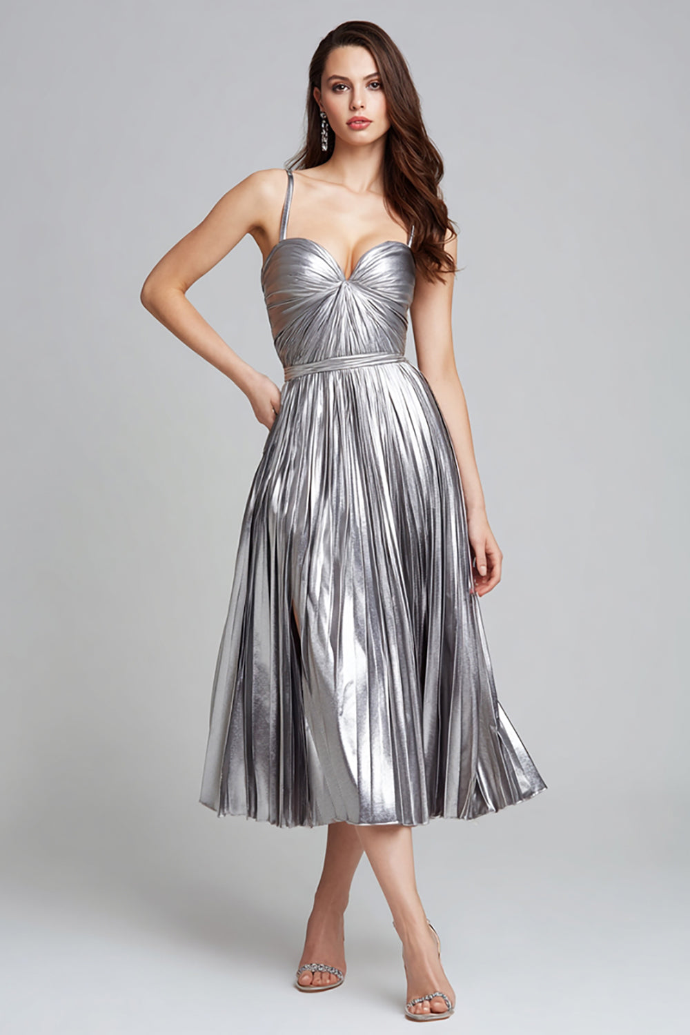 Metallic Silver Pleated A Line Midi Formal Dress
