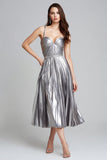 Metallic Silver Pleated A Line Midi Formal Dress