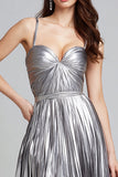Metallic Silver Pleated A Line Midi Formal Dress