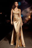 Gold Satin Ruched V-Neck Sheath Formal Dress With Slit