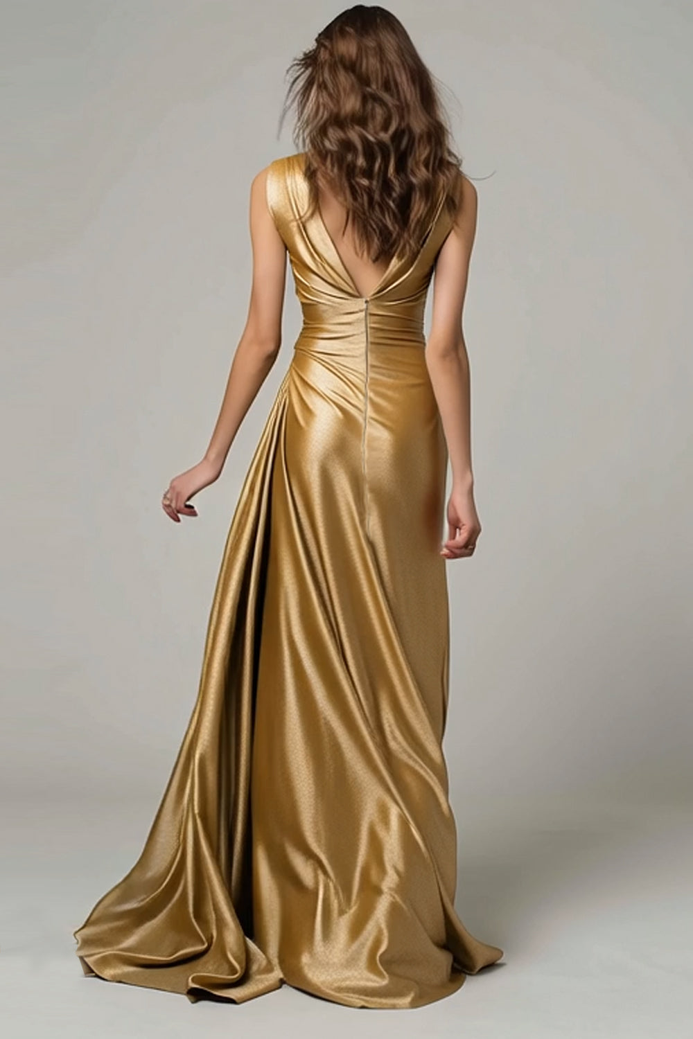 Metallic Gold Satin V-Neck Maxi Formal Dress