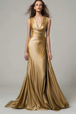 Metallic Gold Satin V-Neck Maxi Formal Dress