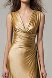 Metallic Gold Satin V-Neck Maxi Formal Dress
